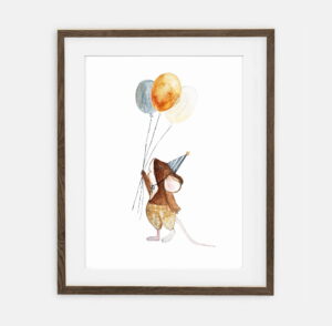 Плакат Мишка з повітряними кульками | Плакат для дитини Лісова колекція на день народження | Прикраса інтер'єру для дитячої кімнати