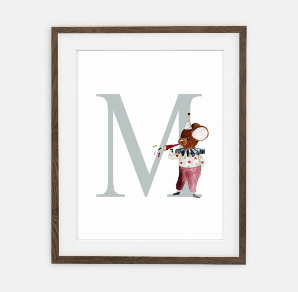 Initial Mouse with trumpet blue green Initial for boy Circus collection | interior decoration of room for boy