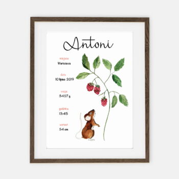 Mouse with Raspberry baby tag Forest collection | baby room interior decoration