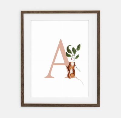 Initial Mouse with Strawberry Rose Initial for a girl Forest Collection | interior decoration of a girl's room