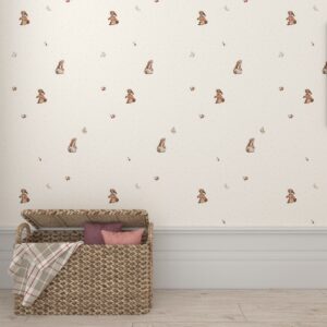 Papel de parede com coelhinhos e framboesas | Papel de parede para crianças Motivo coelhinho | Decoração interior de um quarto de criança