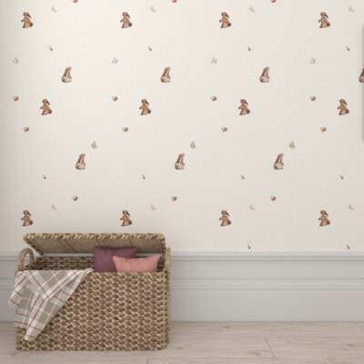 Wallpaper in bunnies and raspberries | Wallpaper for baby Bunny motif | interior decoration of baby's room