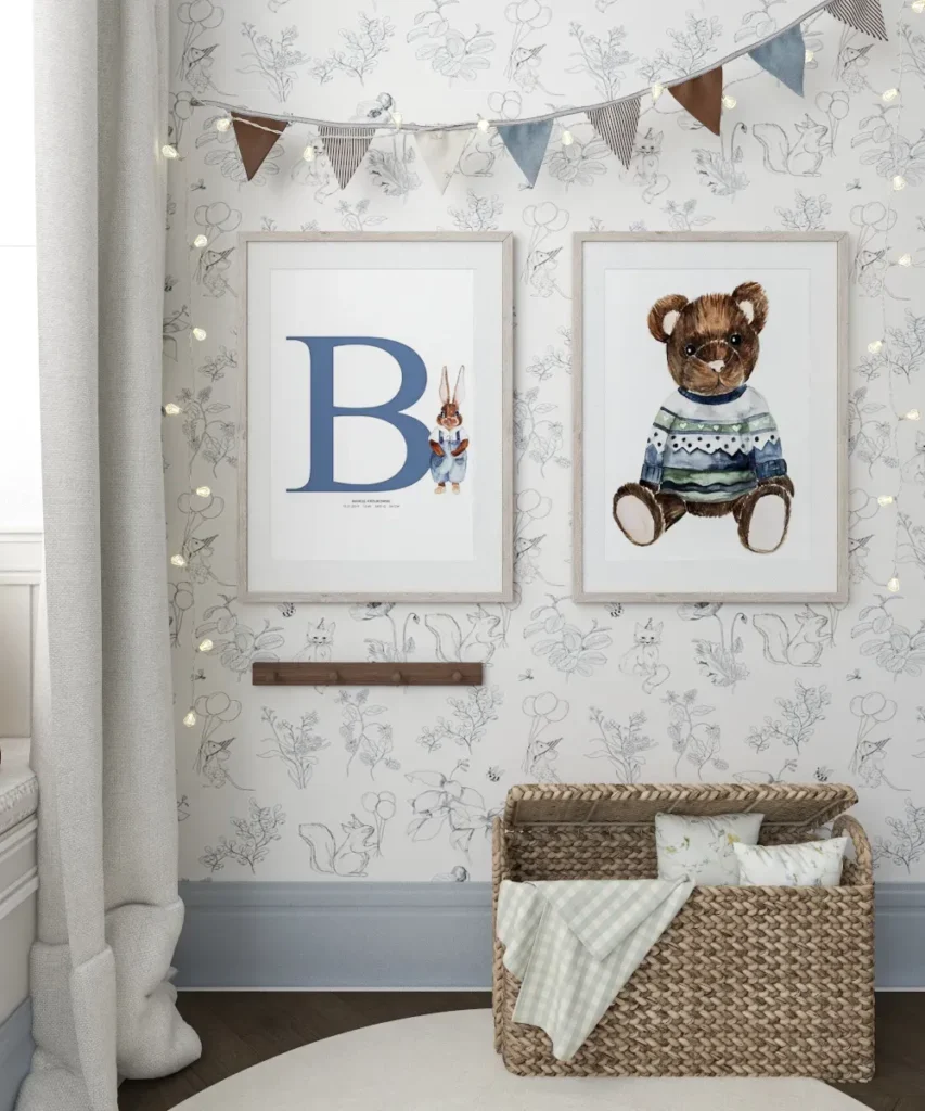 An example of a child's room with wallpaper and metrics from Royallrabbits