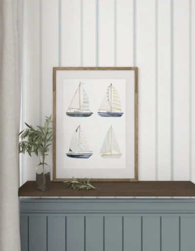 Wallpaper with blue stripes and poster with boats
