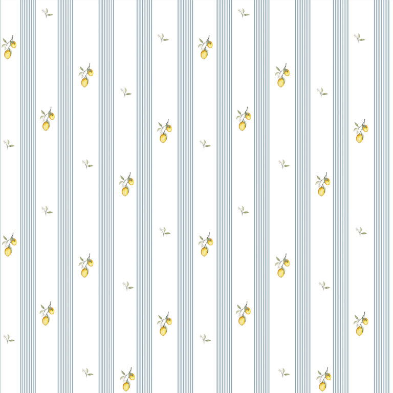 Wallpaper for kitchen in lemons blue stripes