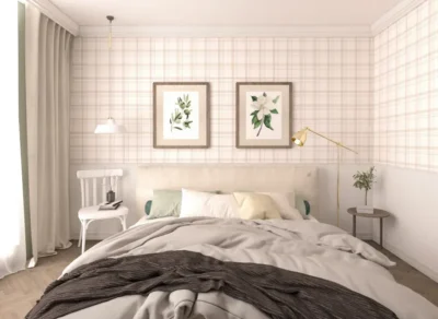 Bedroom arrangement with checkered wallpaper, light beige