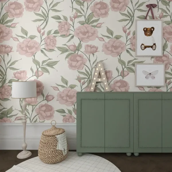 Tapeta do pokoju dziewczynki w peonie w odnieniach rożu, szałwi i beżu