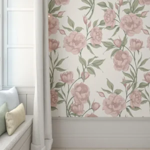 Papier peint romantique avec de grandes fleurs roses