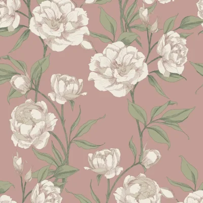 Tapeta w romantyczne peonie na tle w kolorze brudnego różu
