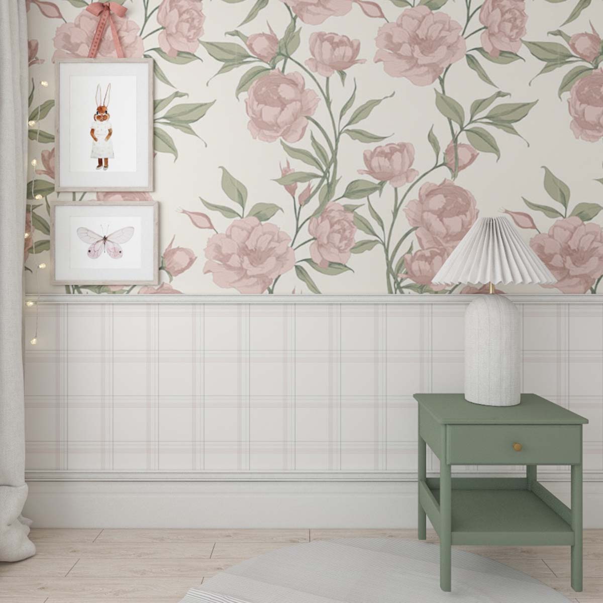 Peony collection mural and checkered wallpaper from mix and match collection