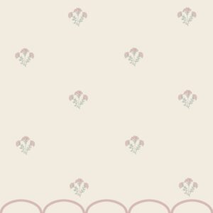 Farm house style wallpaper with frilly beige background and powder pink