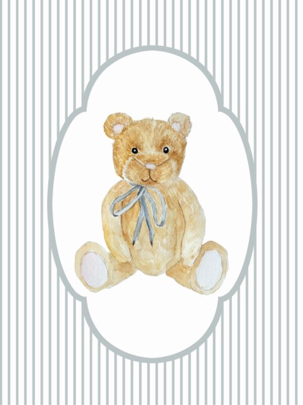 Beige teddy bear poster with blue bow