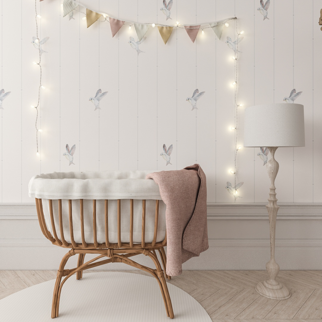 Wallpaper with birds and delicate stripes for baby's room