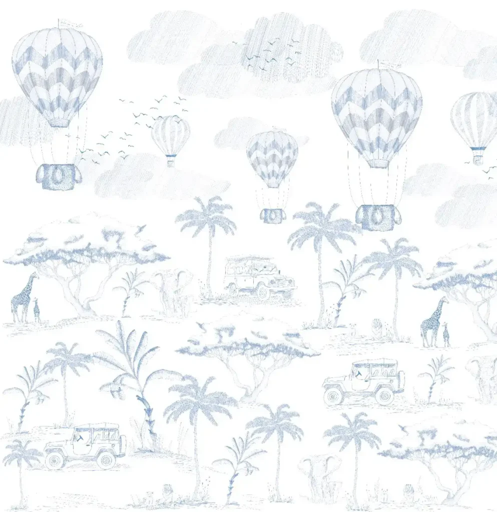 Pokój safari dla dzieci - praktyczny poradnik. Dekoracje, tapety i aranżacje dla małych odkrywców 31 Safari mural in blue for a child's room