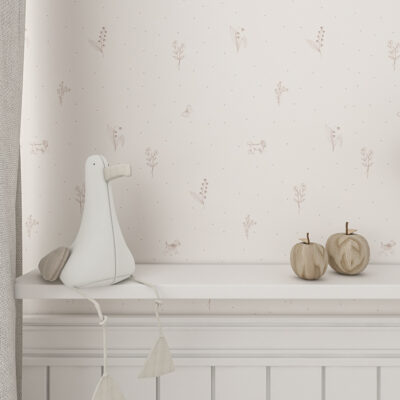 Wallpaper with delicate beige patterns- twigs , dogwoods and dots on a light background