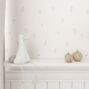 Tapeta w delikatne zielone wzory- gałązki , pieski i kropeczki na jasnym tle