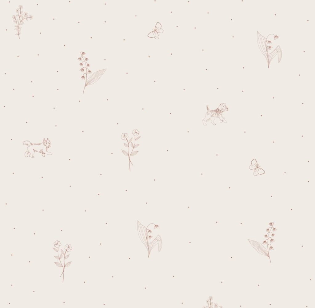 Wallpaper with delicate beige patterns- twigs , dogwoods and dots on a light background