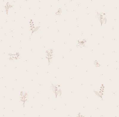 Wallpaper with delicate beige patterns- twigs , dogwoods and dots on a light background