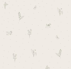 Wallpaper with delicate green patterns- twigs , dogwoods and dots on a light background