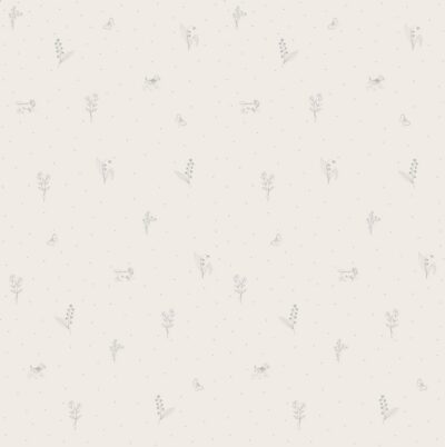 Szara tapeta w gałązki i pieski do pokoju dziecka 5 Wallpaper with delicate gray patterns- twigs , dogwoods and dots on a light background