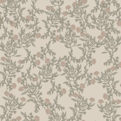 Wallpaper eustoma pink, green and beige