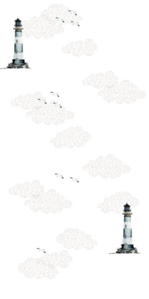 Tapeta latarnia morska, mewy i chmury - w rolce