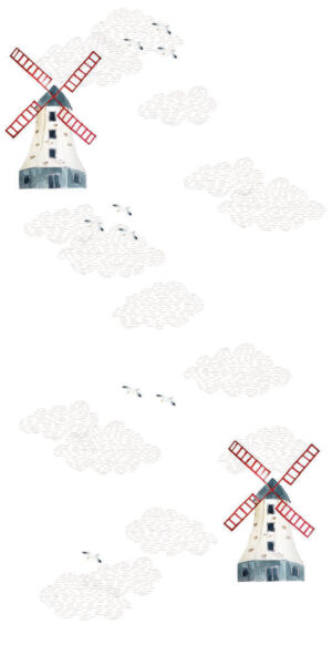 Tapeta młyn, mewy i chmury - w rolce