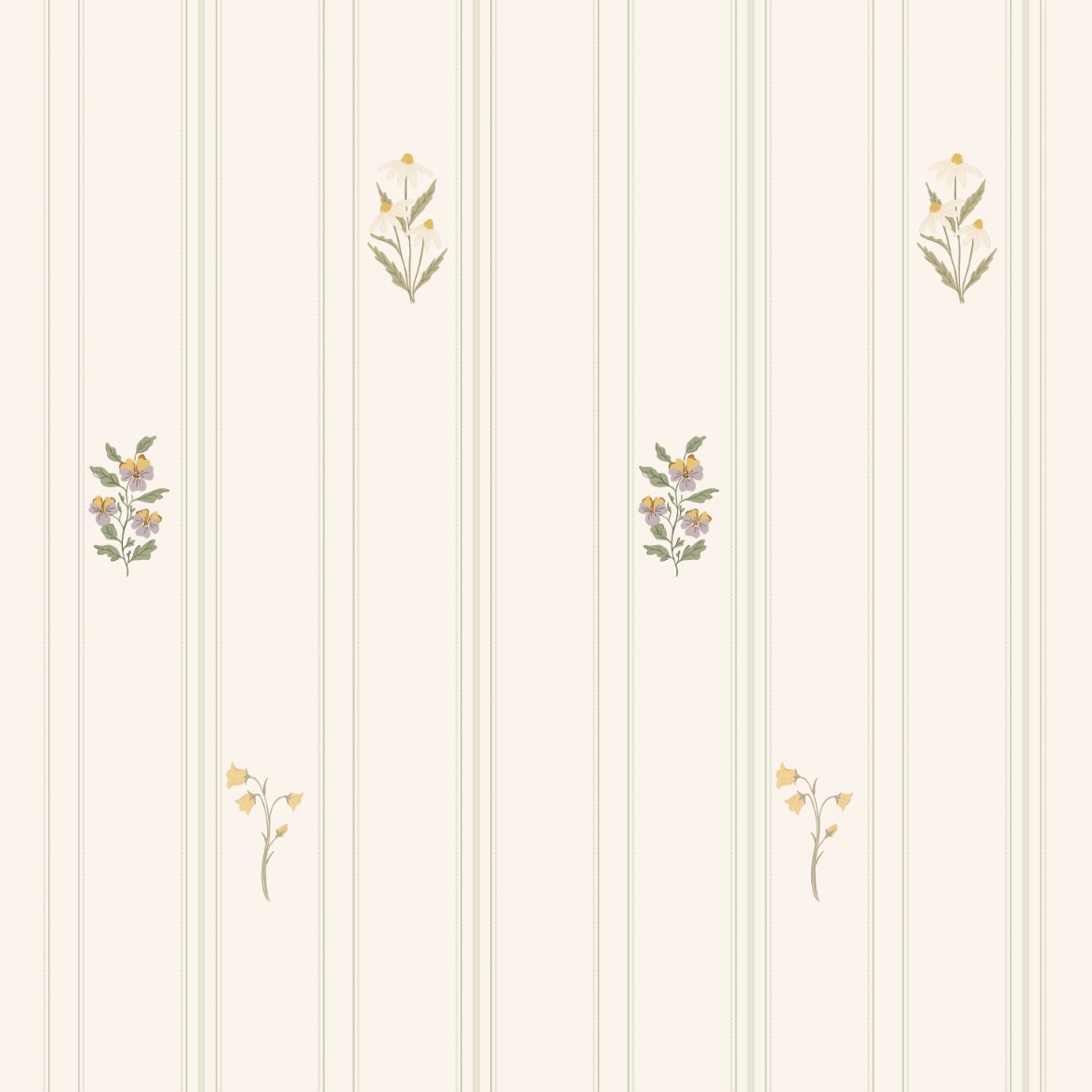 Tapeta w letnie kwiaty i paski falbankowe beż i szałwia 2 100x100 letnie kwiaty bez