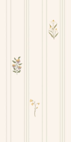 Tapeta w letnie kwiaty i paski falbankowe beż i szałwia w rolce