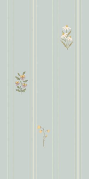 Tapeta w letnie kwiaty i paski falbankowe błękit w rolce