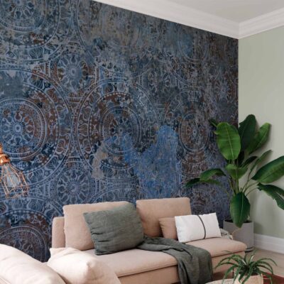 Fototapeta Podwodna Geometria na ścianie w nowoczesnym biurze, sofa i rośliny