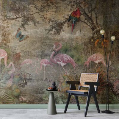 Fototapeta flamingi z egzotyczną roślinnością i dżunglą w stylu ryciny vintage