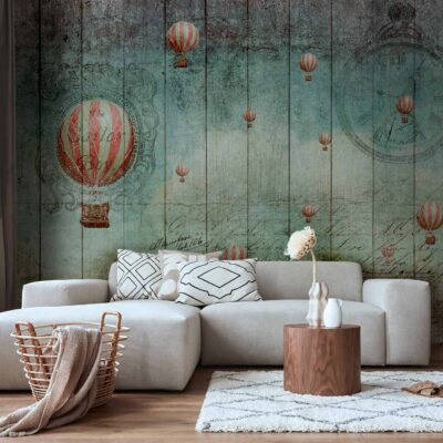 Turkusowa fototapeta balony i zegary steampunk na tle starych desek