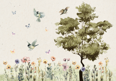 Fototapeta - Wiosenna łąka - polana z kwiatami malowana akwarelą - dodatkowy