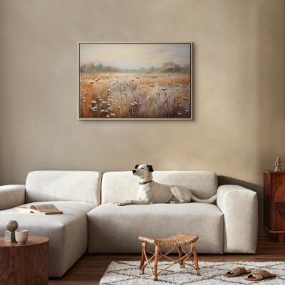 Impressionist painting on canvas depicting a vast meadow with tall, dry grasses in shades of beige and gold and scattered small white flowers, against a background of gently misty trees and a bright sky.