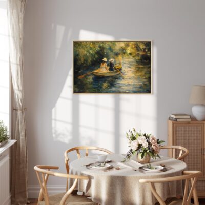 Impressionist painting with clear brushstrokes depicting two women wearing bright hats, sailing a small boat on a calm river with visible light reflections on the water, surrounded by lush greenery.