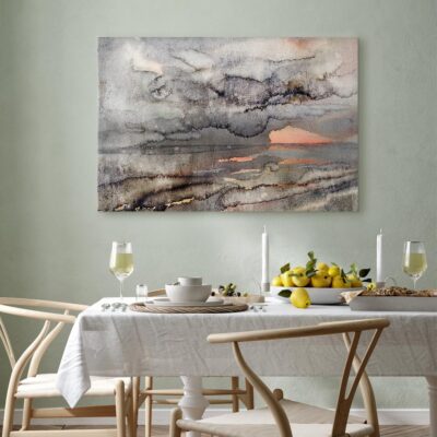 Abstract watercolor landscape showing dark gray storm clouds with warm orange light piercing the horizon.
