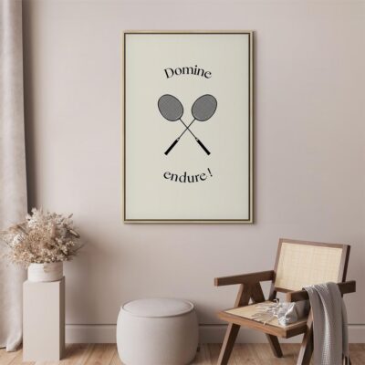 Vintage style canvas graphic depicting two black crossed badminton racquets on a cream background, with an arched "Domine" sign above and a simple "endure!" sign below.